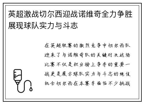 英超激战切尔西迎战诺维奇全力争胜展现球队实力与斗志